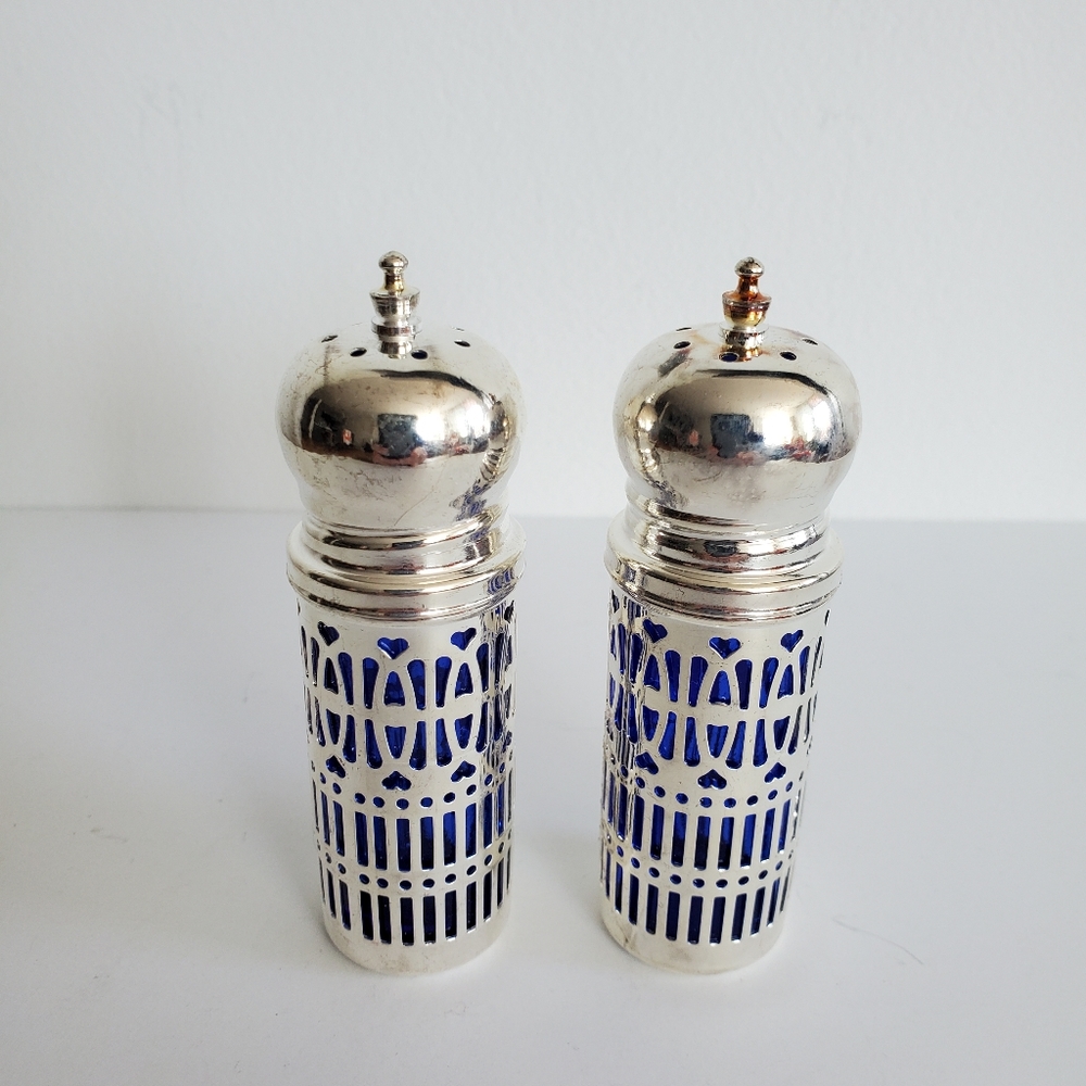 VTG Cobalt Blue Glass Salt & Pepper Set In Silver Casing Godinger GSA Hong Kong